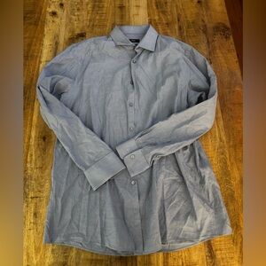 Hugo Boss Gray light blue Striped Dress Shirt top SHARP Fit 100% cotton 17 34/35